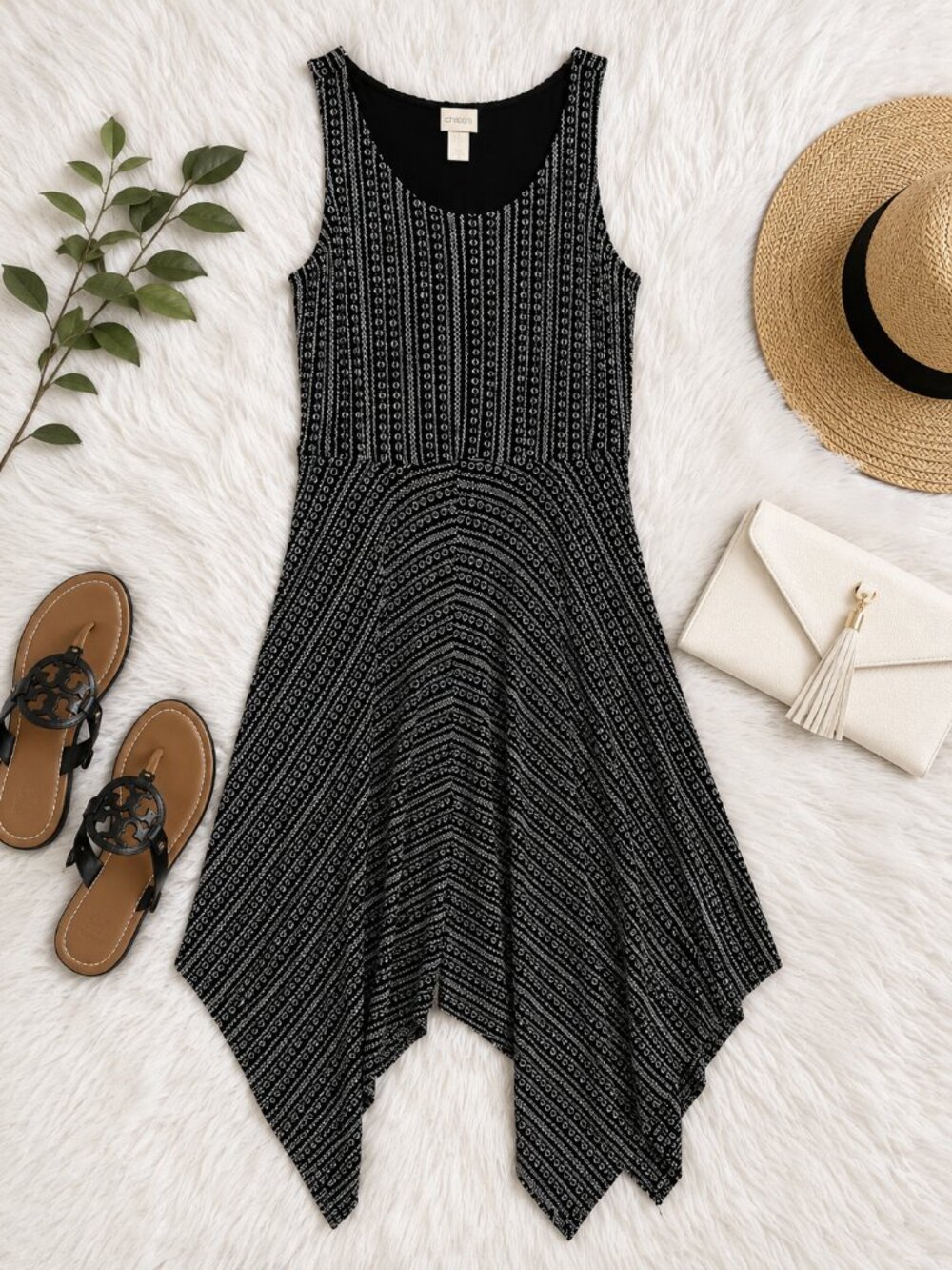Chico's Black White Handkerchief Hem Dress Size S Sleeveless Knit